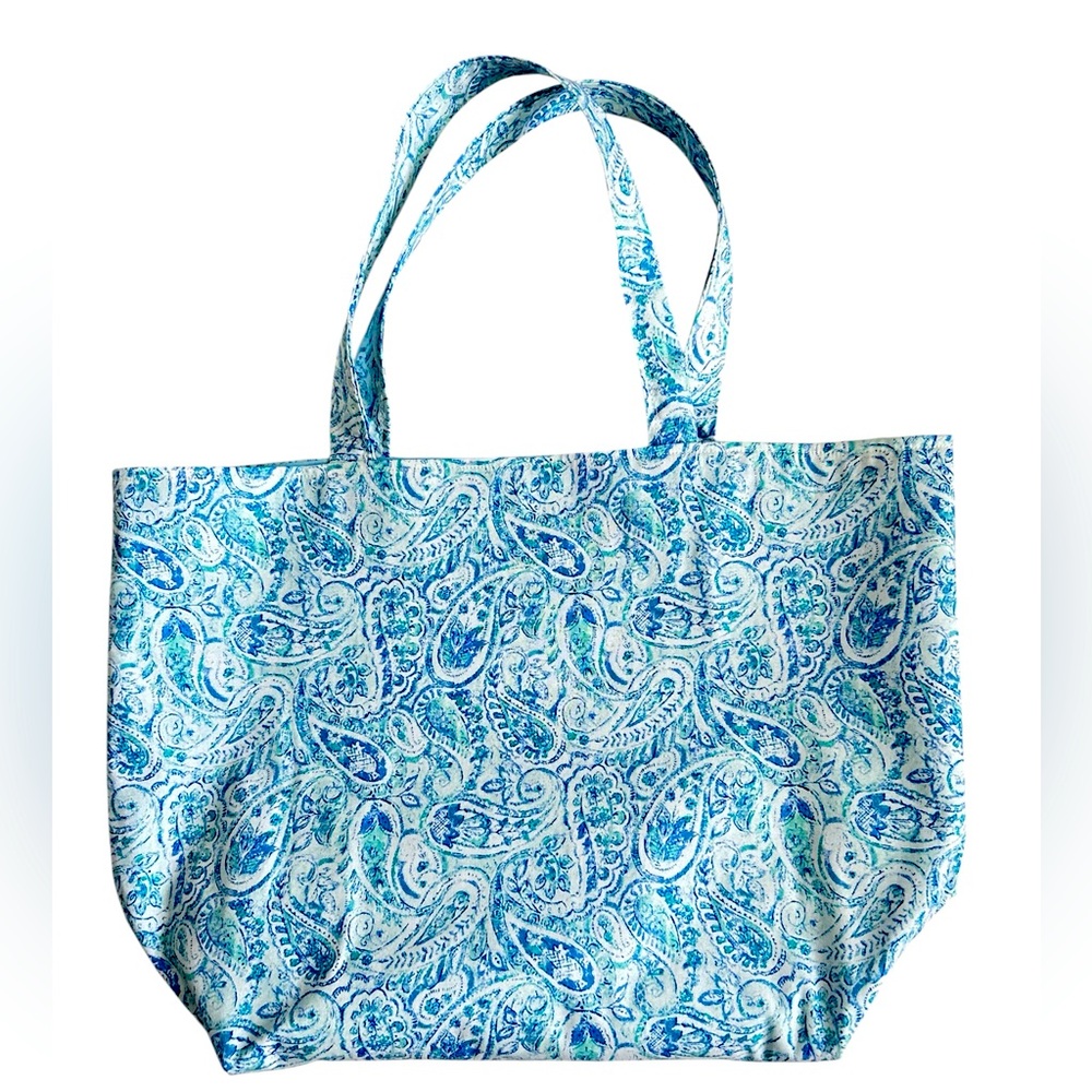Hand Crafted Fabric Tote Bag Colorful Blue Paisley Market Bag Shoulder Purse - Picture 8 of 10